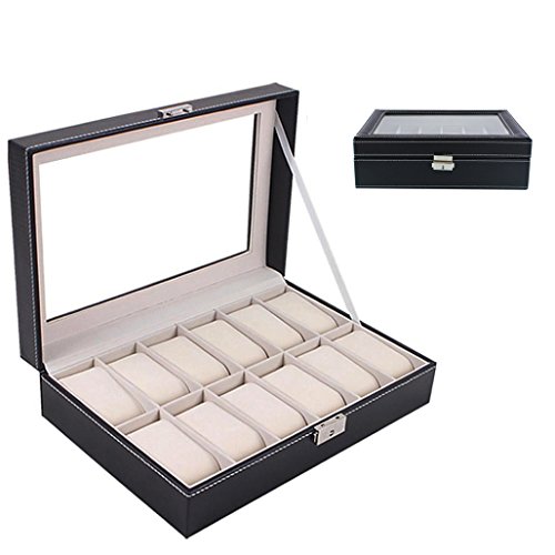 FCH 12-Slot PU Leather Watch Box Glass Top Black Jewelry Collection Storage Case Lockable Watch Display Organizer