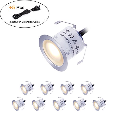 LED Deck Lights Kit 12V Low Voltage Waterproof IP67 Warm White Recessed Deck Lighting In Ground Light for Step Stair Garden Patio Wood Floor Outdoor Landscape Lights(10 Packs With 5 Extension Cables)