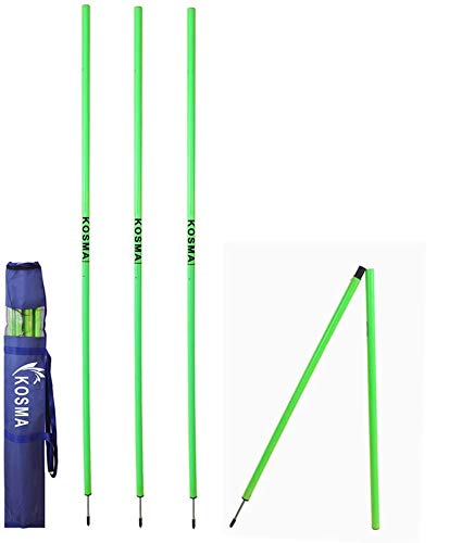 Kosma Pack of 4pc Speed Training Slalom Poles 5ft x 25mm (Foldable) with metal spike - Colour: Green | Agility Football Training Posts in Carry Bag
