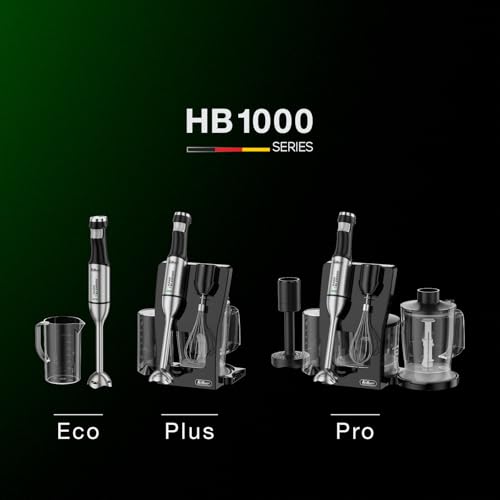Feller Germany 3in1 Hand Blender 1000W, Smart Speed Control, 4-Fin Titanium Blade, Stainless Steel Body, 1.2L Chopper, Whisk, 42.5CM Extra Long Shaft, HB1000 Plus, 2Y Guarantee-UAE Version (Black)