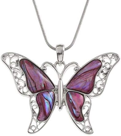 PINK BUTTERFLY Pendant Necklace inlaid with Paua Shell on 18 inch (45.7cm) Hypoallergenic Chain Sustainably Sourced Silver Colour