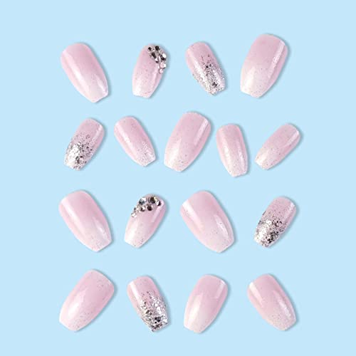 YoYoee Medium Coffin Press On Nails Crystal Gem Design Fake Nails Acrylic Gradient Bling False Nails Reusable Ballerina Stick On Nails for Women and Girls （24 PCS） - Image 4