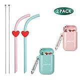 Aibrisk Reusable Silicone Straws 2 Pack Portable Collapsible Silicone Drinking Straws with Portable Case and Cleaning Brush,BPA Free,Flexible Foldable Straws for Beverage, Coffee (Green, Pink)