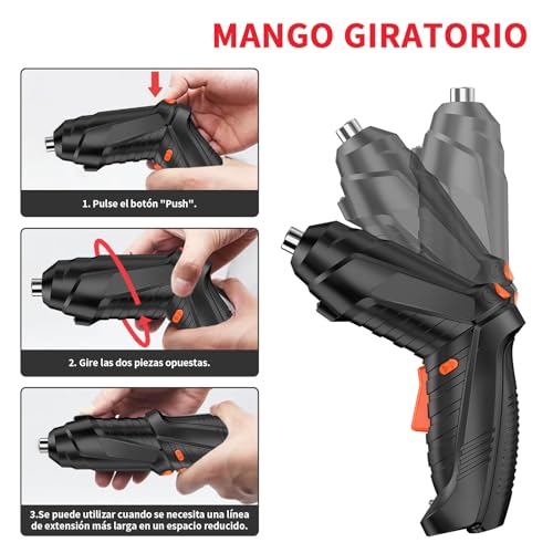 YEAHCHIC Juego de 47 Destornillador Eléctrico Inalámbricos de 3,6 V con Puntas Recargables por USB，Uso Doméstico, Reparación， Mango Giratorio de 90°a 180°, Atornillador Puntas Intercambiables