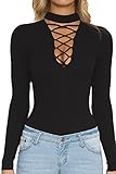 Mulisky Women Sexy Deep V Neck Lace Up Long Sleeve Short Romper Bodysuit Black M