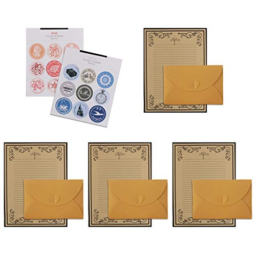 Letter Writing Stationery Paper Letter Set, Benbo Vintage 4Pcs Stationery Paper and 4Pcs Kraft Paper Stamping Envelopes with 18Pcs Seal Stickers for Holidays, Invitations, Greeting Cards