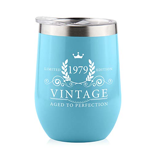 1979 41st Birthday Gifts for Women Men - Splash Proof 12 oz Stainless Steel Wine Tumbler | Funny Gift Ideas for Her Wife Mom Grandma Him Dad | Insulated Wine Glass for Party Decorations (Blue, 1979)