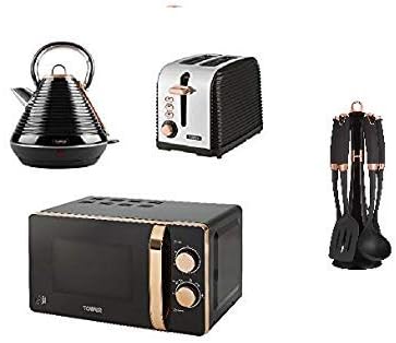 Tower 8 piece LINEAR ROSE GOLD BLACK Kitchen Electrical Appliance Set - T24020 Rose Gold Black MANUAL Solo Microwave, a 1.8L S/S Pyramid Kettle a 2 Slice Toaster and 5 Rose Gold black Nylon Utensil Set,