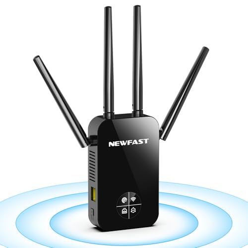 NEWFAST WiFi Repeater Amplifier WiFi Signal Amplifier 1200Mbps 5GHz Wi-Fi Extender for Home/Office, AC1200 Wi-Fi Extender Dual Band 4X High Gain Antennas, Ethernet Port, 5 Modes, WPA/WPA2