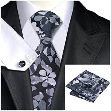 Black Grey Floral Classic Silk Necktie Tie Hanky and Cufflinks Set For Men