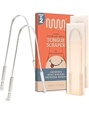 Tongue Scraper with Travel Case - 2 Pack, Fights Bad Breath, Medical Grade 100% Stainless Steel, Great for Oral Care, Tongue Cleaner for Adults and Kids, Easy to Use with Non-Synthetic Handle