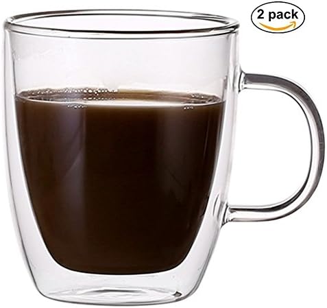 JinKen Double Walled Insulated Glass Coffee Mugs or Tea Cups ,with handle, Thermo Glassware , 12oz, Set of 2 (12-oz(350ml))