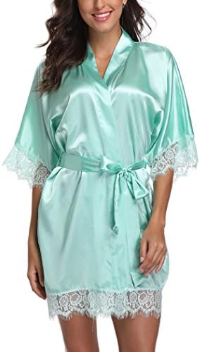 Short Satin Kimono Robes Women Pure Color Bridemaids Bath Robe with Lace Trim