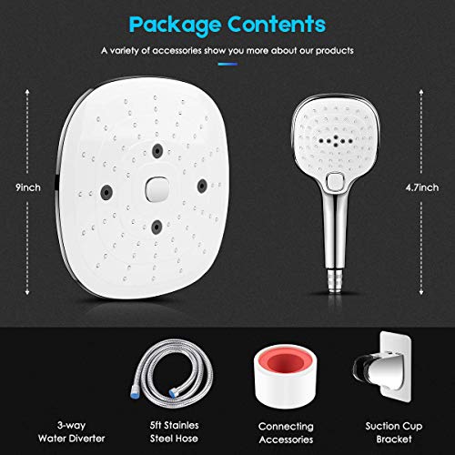 Shower Head Combo, ASOGO 9" Adjustable Rainfall Showerhead 3 Settings High Pressure Handheld Shower Head With Push Button,3-Way Water Diverter,1.5M Hose,Chrome Plated ABS,Bathroom SPA Experience - Thumbnail 6