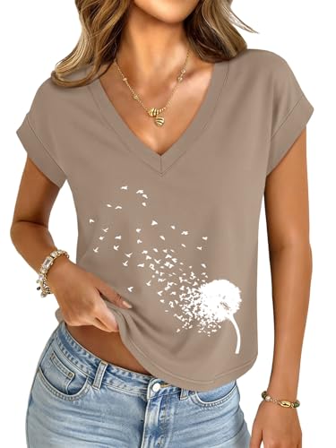 UNCLECAT Womens Crop Tops V Neck Cap Sleeve T Shirts Summer Casual Cute Flowers Graphic Tees at Amazon