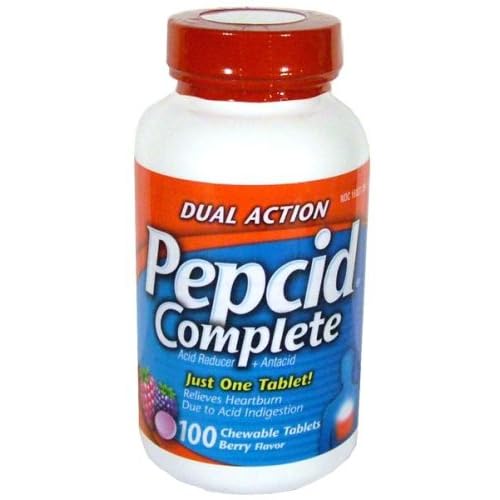 Pepcid Complete Dual Action Acid Reducer and Antacid Berry Flavored Chewable Tablets 100 Count Bottle image
