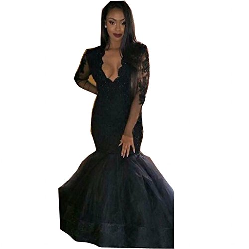 Chady 2017 Sexy Deep V-Neck Black Tulle Mermaid Prom Dresses Sheer Long Sleeves Prom Dresses 2017 Long Evening Party gowns