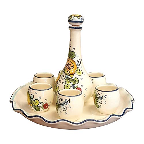 CERAMICHE D'ARTE PARRINI - Italian Ceramic Pottery Set Tray + Bottle + 6 Cups Limoncello Liqueur Shot Glasses Decorated Lemons Hand Painted Made in ITALY Tuscan