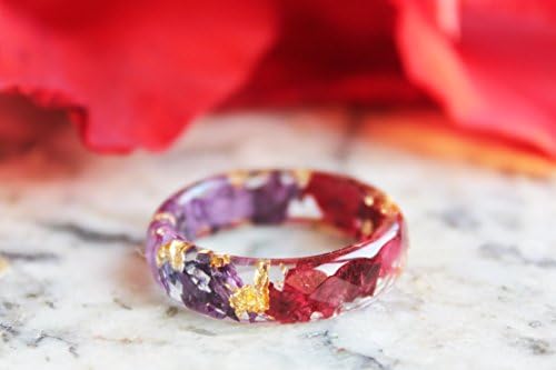 livinlovinTwo Sided Resin Ring Band with Pressed Red Purple Petals and Gold/Silver/Copper Flakes, Mother's Day Gift