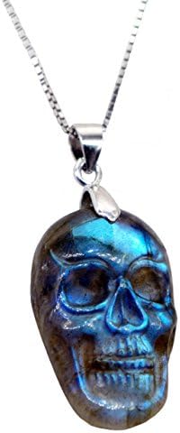 NATURSTON Gemstone Carving Skull Pendant Flashy Natural Labradorite Necklace 18" Mens Jewelry (Small)