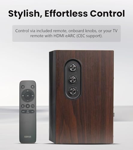 Edifier S355DB 2.1 Powered Bookshelf Speakers with 8" Wireless Subwoofer, 150W Tri-Amp Hi-Res Audio, Computer Speaker System, Bluetooth 6.0 with LDAC, HDMI/Optical/Coaxial Inputs for PC, TV (Walnut)