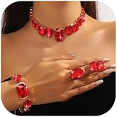 Jnncocier Fashion Bride Black Red Green Square Crystal Necklace Earrings Bracelet Ring Set Rhinestone Crystal Wedding Jewelry Set Sparkly Square Jewelry Set for Women Christmas Halloween Choker Necklace for Women