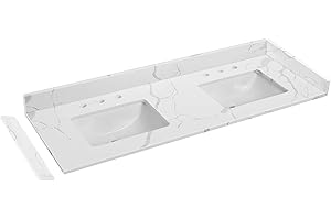 EQLOO 60 in.W x 22 in.D Quartz Calacatta River Vanity Top,with Undermount Double Sink Vanity Top,with Two Sidesplash & One Backsplash,8 Inch Faucet Hole Spread Bathroom Vanity Sink Countertop