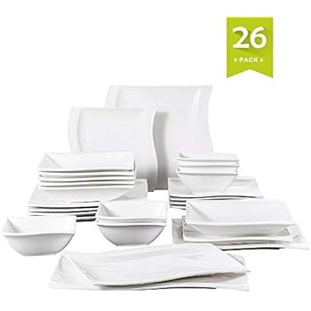 Malacasa 26 Pieces Dinnerware Set, Dinner Plates, Dishes Dinnerware Sets, Plates and Bowls Sets Square Soup Dessert Plates Ivory White Service for 6, Series Flora