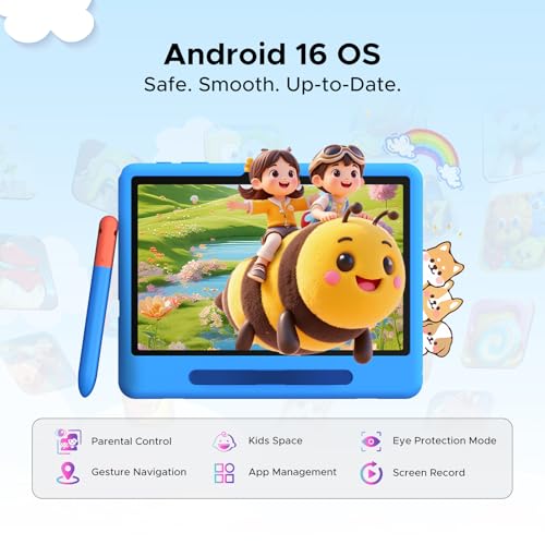 POPUX P10 Kid Tablet 10 Inches, Tablet for Children with 32GB RAM+64GB ROM, 90Hz Android 16 Tablet with Gemini AI, T310 Quad-Core, 7000mAh, 5G WiFi, 8MP+5MP, Tablets with Pen, Silicone Case, Blue