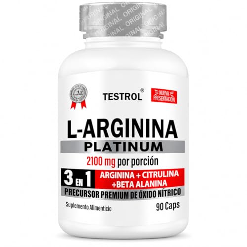 Arginina Platinum 2100mg por porción | L Arginina + L Citrulina + Beta Alanina | Pre Workout | Pre Entreno sin Cafeina | Precursor de Oxido Nítrico | Testrol TSN (90 Cápsulas).