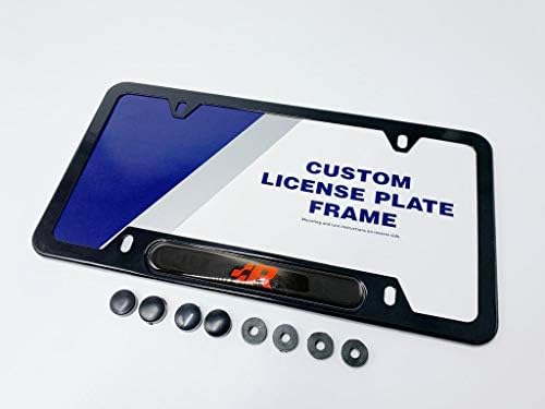 Car Accessory Warehouse Volkswagen VW R R-Line Logo Emblem Premium Two-Stage Finish Hyper Gloss Black License Plate Frame Kit Tag Holder with Hiding Caps Covers & Round Spacers for Bolts Screws