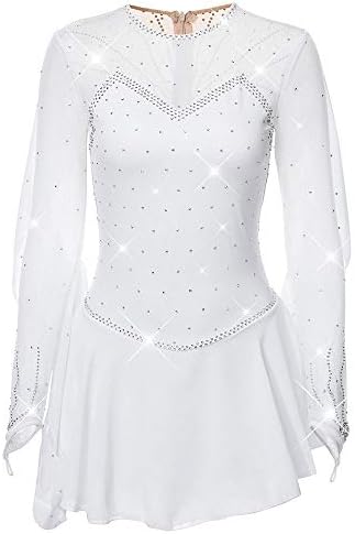 フィギュアスケートドレス ロングスリーブ女性女子アイススケートのドレスパフォーマンス競争コスチューム新体操ラインストーン手作りスケート冬のスポーツホワイトを着用してください 色 White Size Child8 Masqueboutique Com