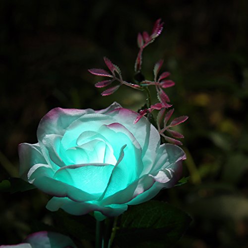 XLUX Outdoor Solar Powered Rose Lights Flower Stake, for Garden Patio Yard Christmas Pathway Decoration, Mint Green with red Edge