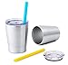 Colorful PoPo Small Cute Kids Cups 2 Pack, Stainless Steel Kid Tumbler with Lid and Straw, Double Wall Vacuum Insulated Toddler Sippy Cups, Children Smoothie Drinking Cup - Silver
