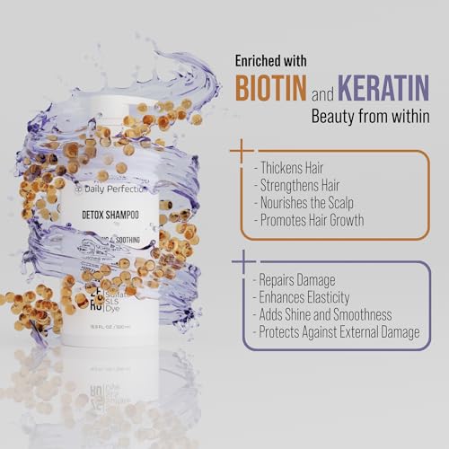 DAILY PERFECTION DETOX SHAMPOO TO REMOVE BUILD-UP, OIL, AND DIRT. SALON-GRADE FORMULA WITH BIOTIN AND KERATIN, SALT-FREE, SULFATE-FREE, AND PARABEN-FREE FOR CLEAN, REFRESHED HAIR.
