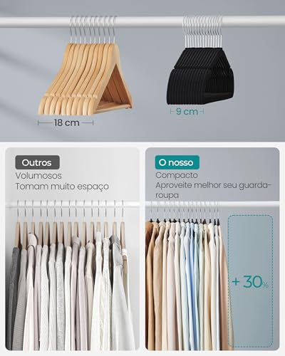 SONGMICS Cabides de Veludo, Pacote com 50 Cabides para Roupas, Antideslizantes, com Entalhes nos Ombros, Barra para Calças, Gancho Giratório 360°, que Economizam Espaço, Preto Tinta BRCRF039B03