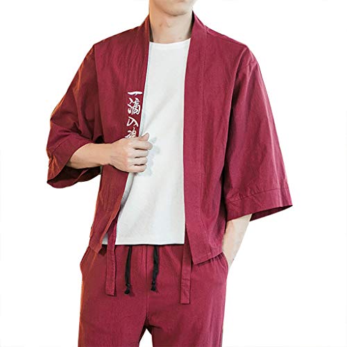Tomppy Men's Japanese Kimono Cardigan Jacket Yukata Casual Cotton Linen 3/4 Sleeve Open Front Cloak Coat Wine - Thumbnail 6