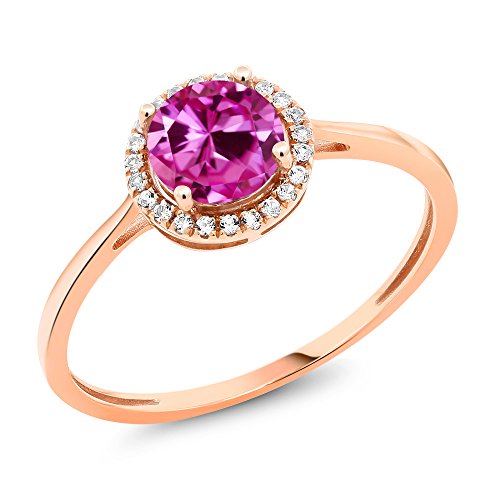 10K Rose Gold Diamond Engagement Ring Round Pink Created Sapphire (1.22 cttw, Size 8)