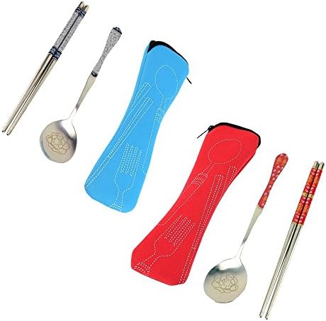 KateDy Portable Stainless Steel Spoon and Chopsticks Cutlery Set With Textile Case for Outdoors Travel Activities for Kids Adults-2 Packs,Red &amp;Blue