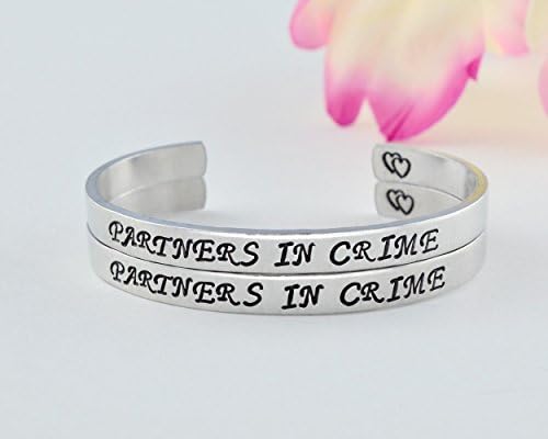 PARTNERS IN CRIME - Hand Stamped Aluminum Cuff Bracelets Set of 2, Sorority Sisters Best Friends BFF Gift, Script Font