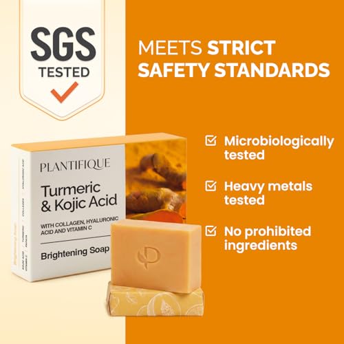 PLANTIFIQUE Kojic Acid & Turmeric Soap – Lab Tested – 4 Bars with Mesh Bag for Dark Spots & Hyperpigmentation – Face Wash with Vitamin C, Hyaluronic Acid & Collagen, 320 g