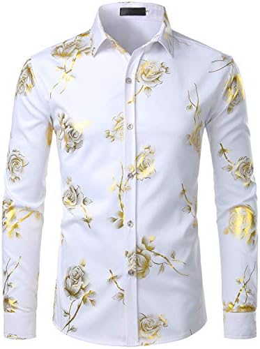 ZEROYAA Mens Hipster 3D Golden Rose Floral Printed Slim Fit Long - Main Image
