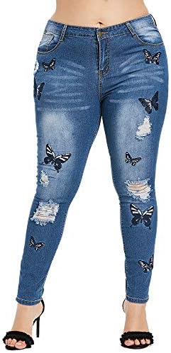 iHENGH Fashion Women Plus Size Skinny Jeans Denim Mid Waist Stretch Butterfly Embroidered Pants