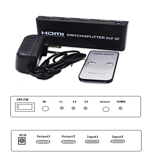 MALLCROWN High Speed 2x2 HDMI Switch Splitte with IR Wireless Remote Control and AC Power Adapter,Black