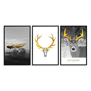 3 Panel Framed Canvas Wall Art for Living Room, Bedroom Deer with Gold Antlers Canvas Prints for Home Decoration Ready to Hang - 16"x24"x3 Panels