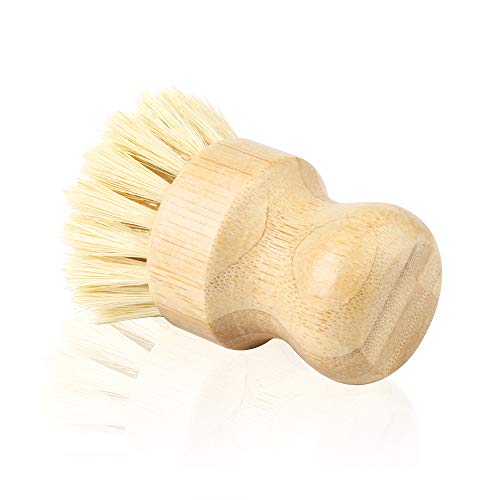 2 Pack Natural Dish Scrub, Amytalk Bamboo Round Natural Scrub Brush for Dishes Cast Iron Pots Pans Bathroom Kitchen Sink Household Cleaning