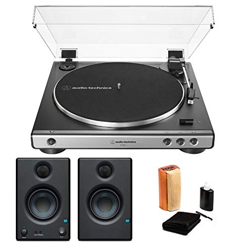 Audio-Technica AT-LP60X Fully Automatic Belt-Drive Stereo Turntable (Gunmetal) with Presonus Eris e3.5 Monitors and Knox Cleaning Kit