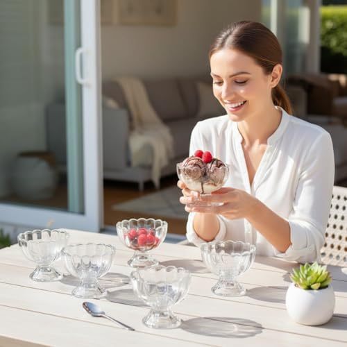 Jogo 6 Taças de Sobremesa de Vidro 125ml – Taças para Sorvete, Mousse e Pudim com Design Ondulado Elegante – Taça de Vidro para Sobremesas Premium