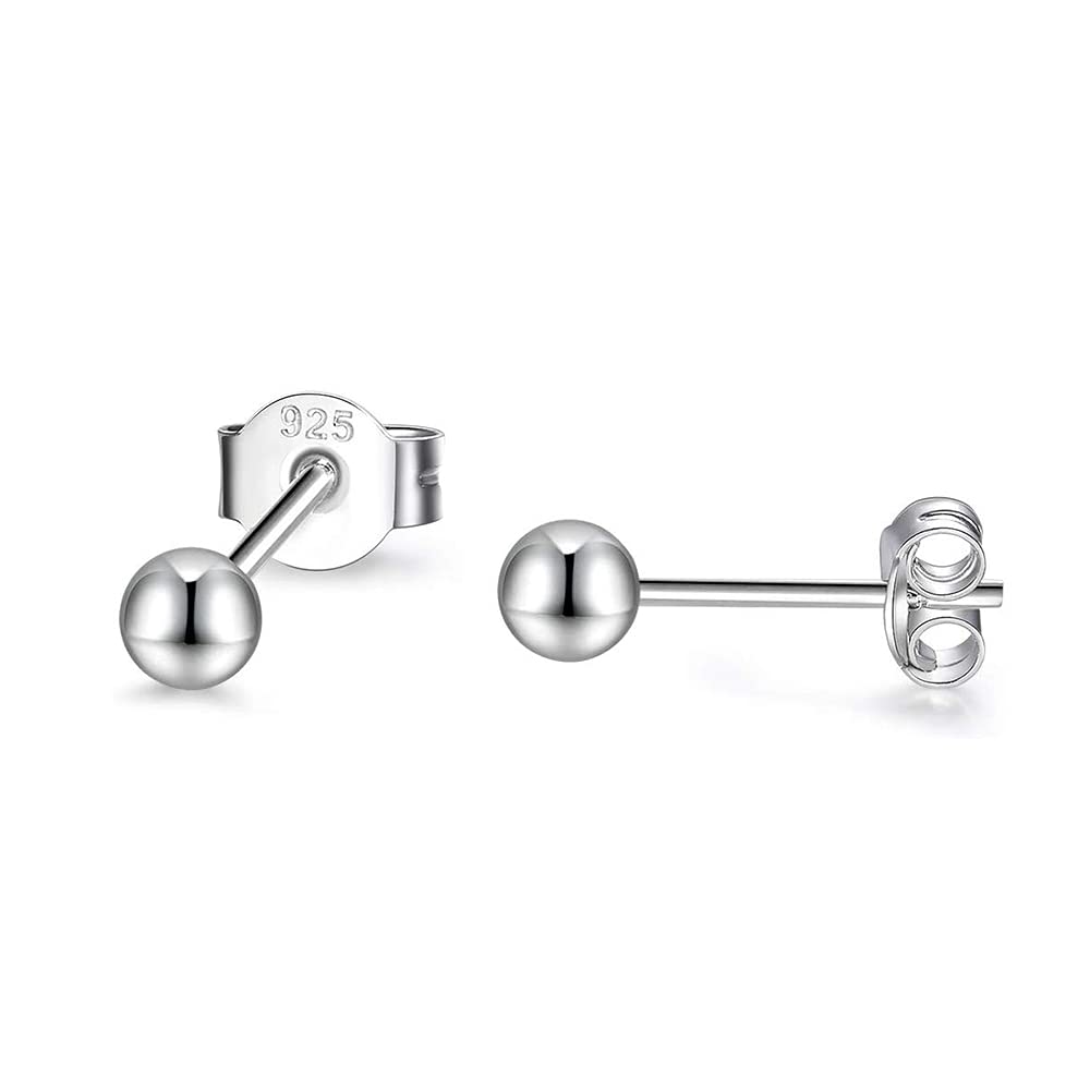 PRETTERY Silver Stud Earrings for Women, Hypoallergenic 925 Sterling Silver 3mm Small Round Ball Stud Earrings for Women Girls