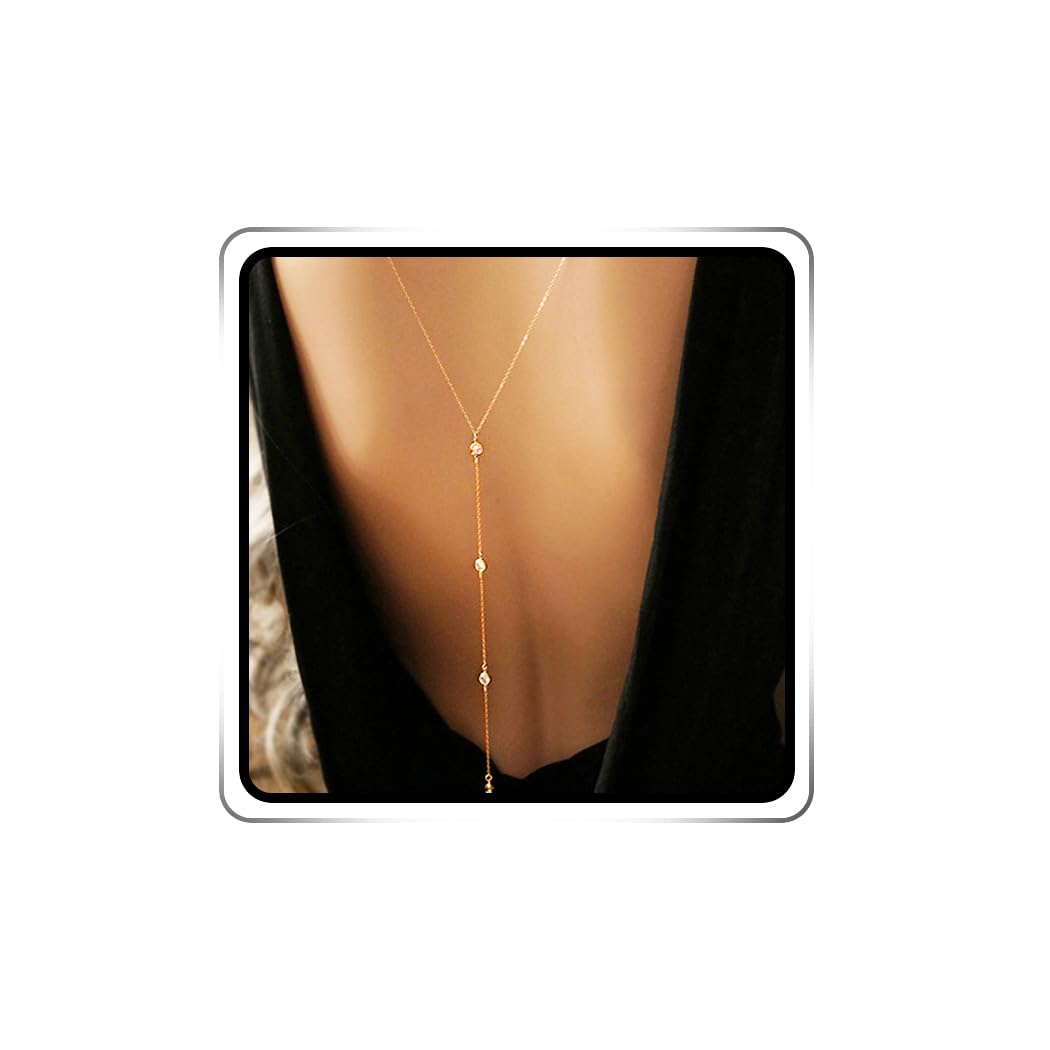 Ushiny Rhinestone Backdrop Necklace Body Chain Gold Back Necklaces Harness Rave Wedding Party Nightclub Necklace Summer Beach Body Chain Jewellery for Women and Girls